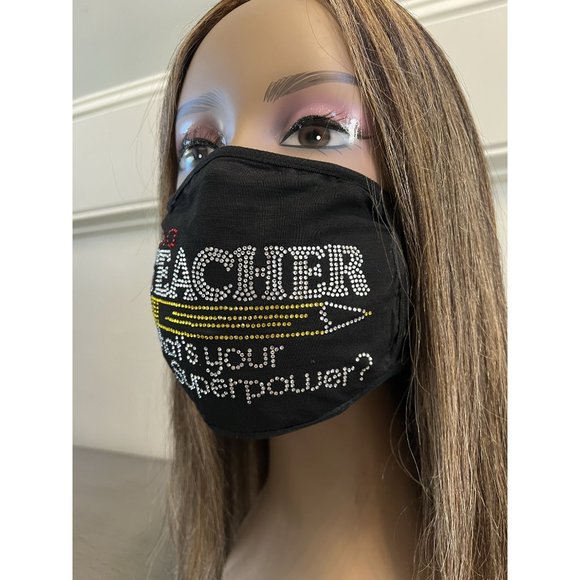 Teacher Superpower Rhinestone Bling Face Mask - Picture 9 of 10